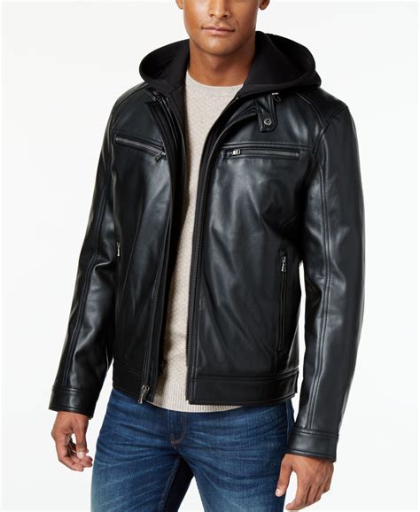 michael michael kors faux leather neoprene hood bomber jacket|Michael Kors leather biker jacket.